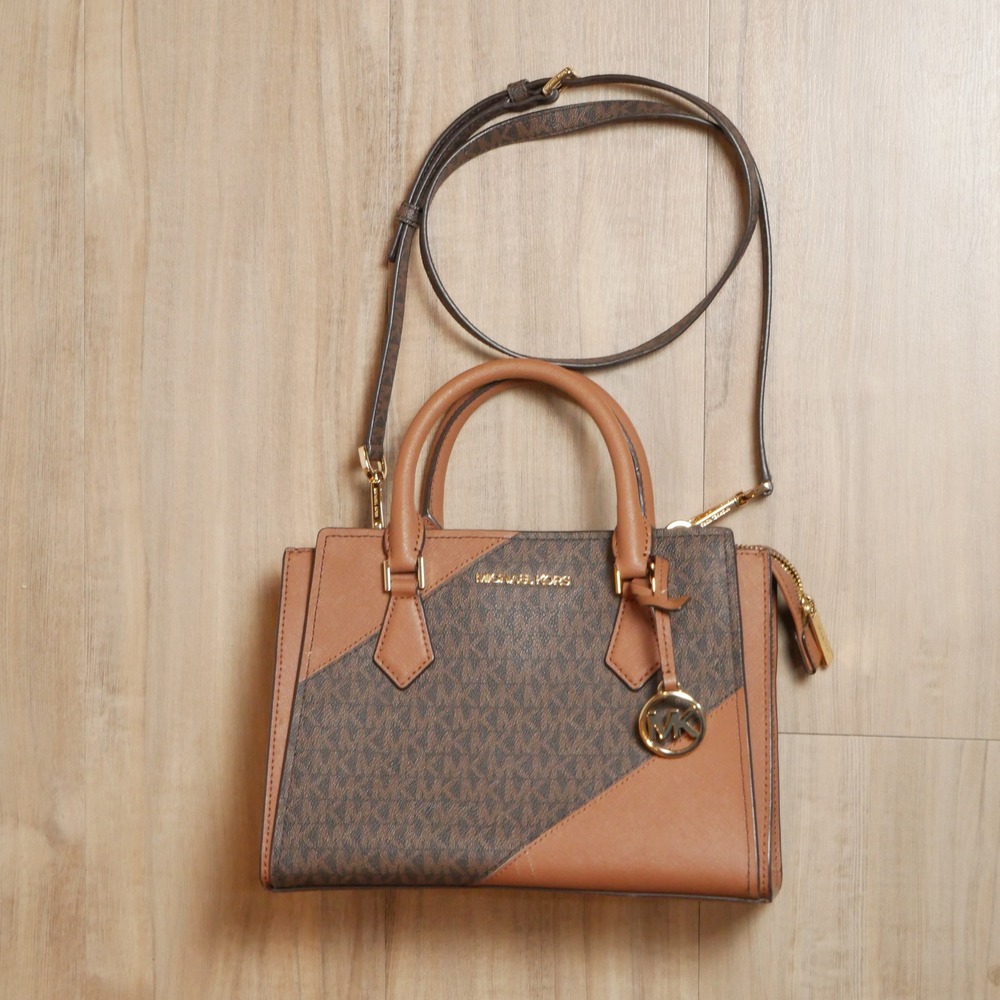 Michael Kors Hope Satchel Brown Monogram Logo Crossbody Handbag Gold Tone HW